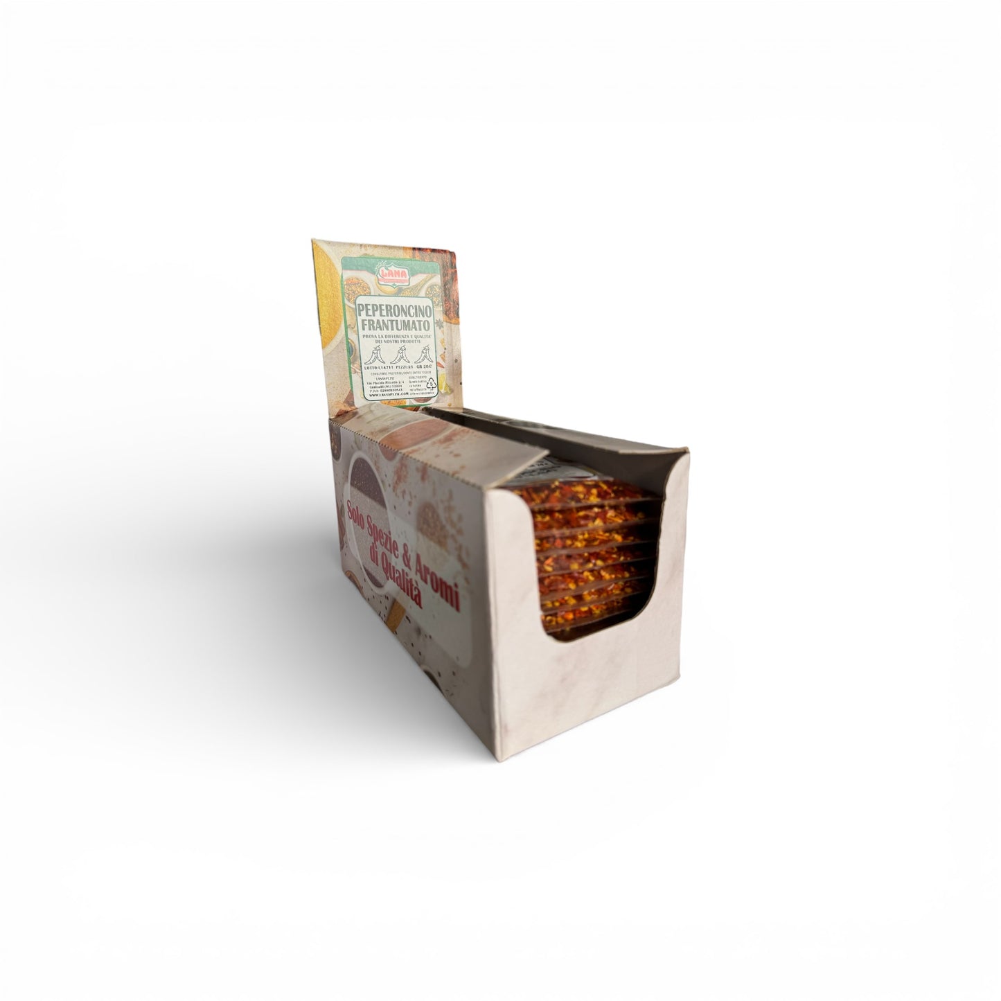 Peperoncino Piccante Contuso Frantumato confezionato a bustine in box per rivendita Gr 20 (Copia)