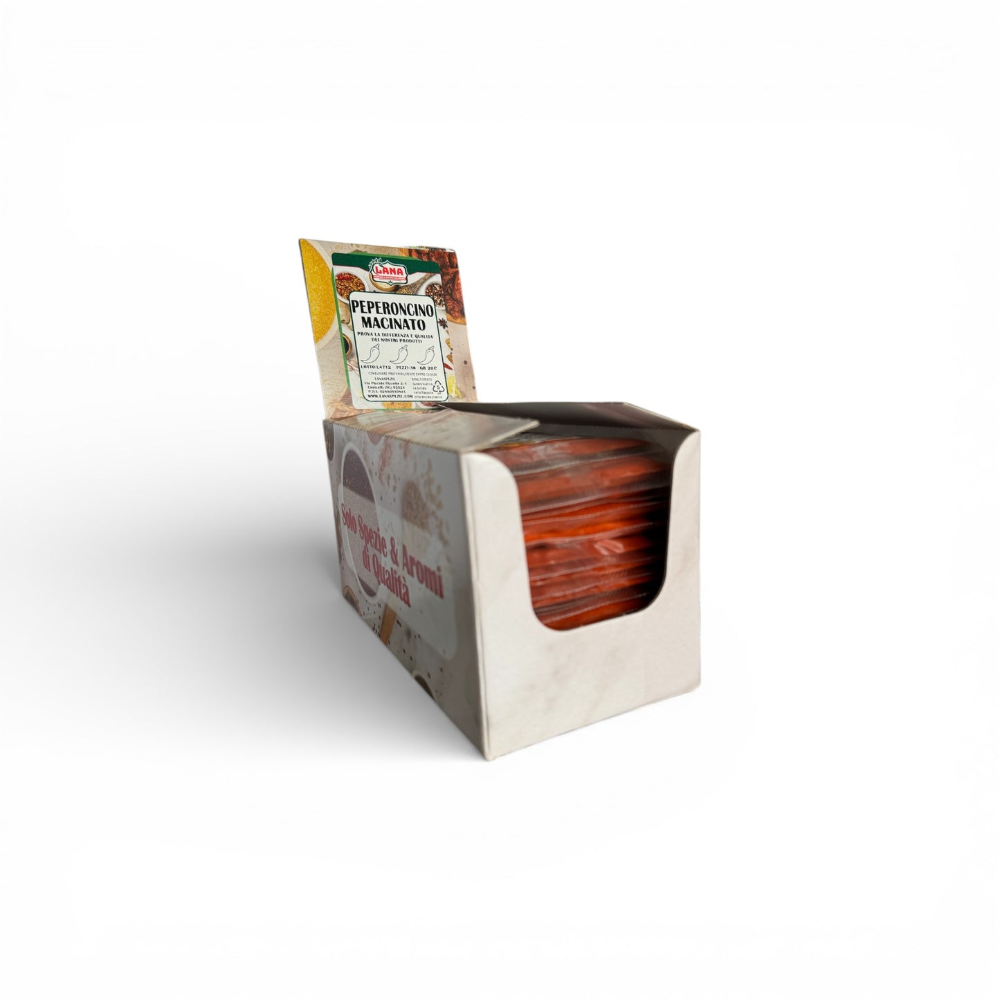 Peperoncino Piccante Macinato confezionato a bustine in box per rivendita Gr 20