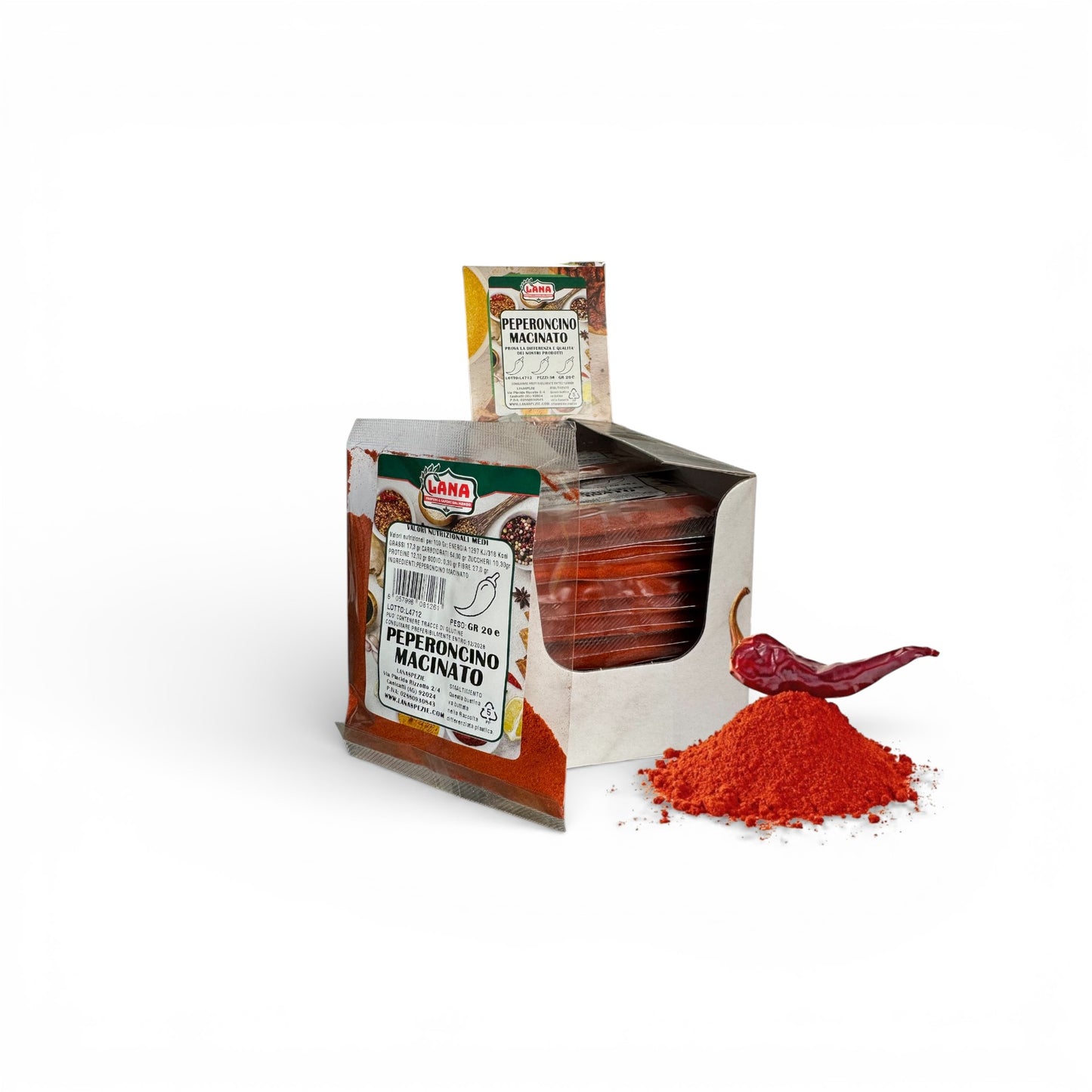 Peperoncino Piccante Macinato confezionato a bustine in box per rivendita Gr 20