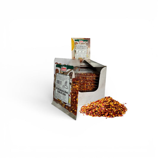 Peperoncino Piccante Contuso Frantumato confezionato a bustine in box per rivendita Gr 20 (Copia)
